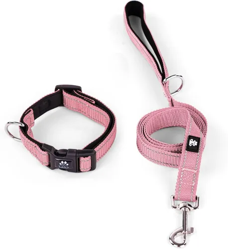 Vista 22 de IVY&LANE Juego de collar y correa reflectante para perro, collares de perro acolchados de neopreno ajustable para cachorros, collar de nailon