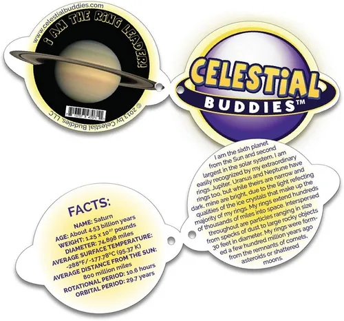 Vista 7 de Celestial Buddies Saturn Buddy Peluche suave de 10 pulgadas, características bordadas, etiqueta de datos divertidos de planetas para niños