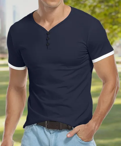 Vista 5 de KUYIGO Henleys - Camiseta de manga corta para hombre, con botones, lisa, de verano, de algodón