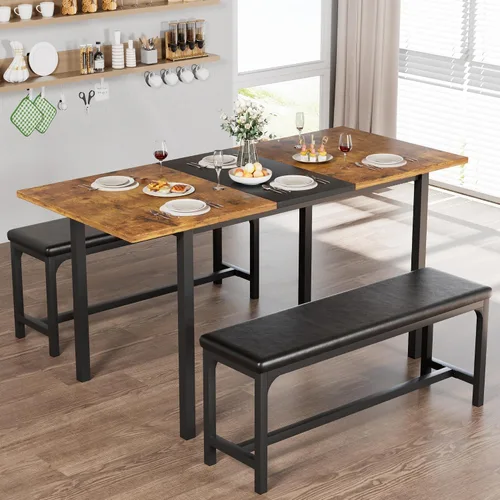 Vista 9 de VECELO Mesa de cocina extensible de 3 piezas de 63 pulgadas con bancos/sillas, moderno juego de desayuno/comedor para 4/6/2, diseño de ahorro