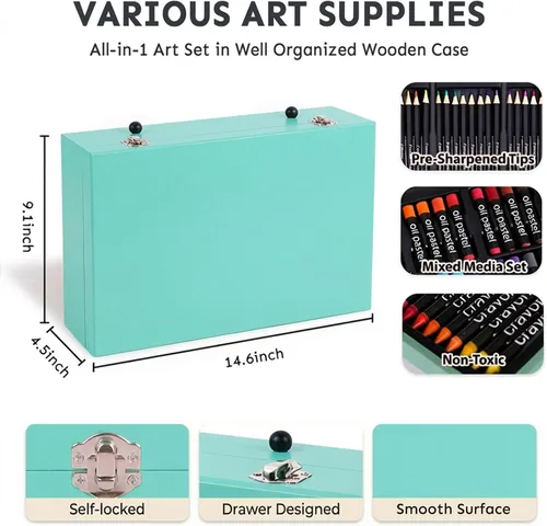 Vista 7 de Juego de arte de lujo de 175 piezas en madera, kit de dibujo y pintura con 2 blocs de dibujo, pinturas acrílicas, lápices de colores, lápices
