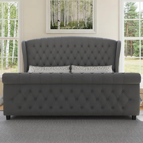 Vista 15 de LUXOAK Estructura de cama tapizada tamaño Queen con cabecera capitoné Negro