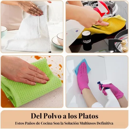 Vista 7 de Paños de limpieza de platos de cocina, paños de cocina con diseño de toalla de gofre, trapos de algodón lavables de 12 x 12 pulgadas para secar