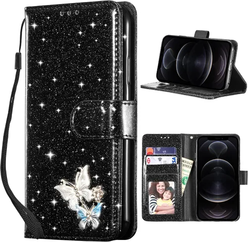 Vista 16 de UEEBAI Funda tipo cartera para iPhone 11, funda de piel sintética con purpurina para teléfono, ranuras para tarjetas, funda con función atril Negro
