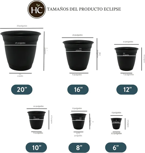 Vista 4 de The HC Companies Eclipse Maceta redonda de 6 pulgadas, con platillo, maceta para interiores y exteriores, para flores, verduras y hierbas, negro