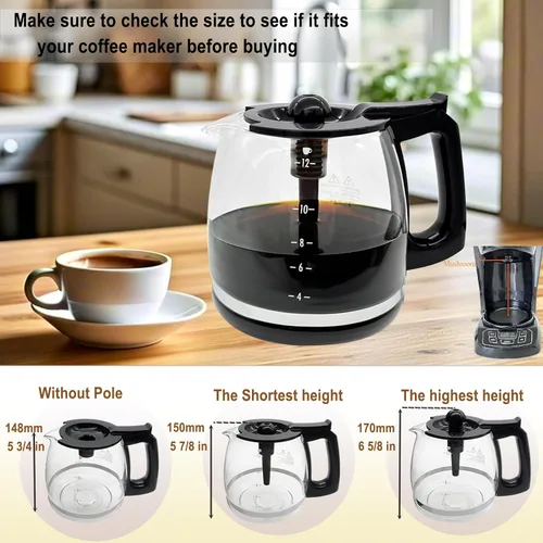 Vista 4 de ALLCUP - Jarra universal de repuesto para cafetera de 12 tazas Cafetera de cristal ajustable compatible con cafeteras Mr Coffee B&D Hamilton Beach