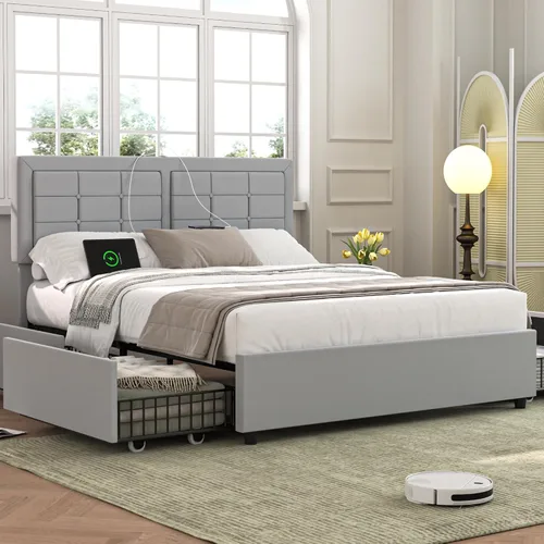 Vista 23 de VECELO Base de cama tamaño matrimonial, cabecera tapizada ajustable con botones, marco de cama resistente con soporte de listones de madera,