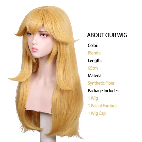 Vista 2 de FantaLook Peluca larga rubia con aretes para mujer, disfraz de Halloween