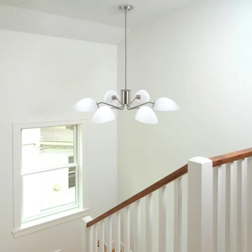 Vista 8 de Candelabros de níquel cepillado con pantallas de vidrio de leche de 34.64 pulgadas, lámpara de comedor de mediados de siglo, moderna lámpara