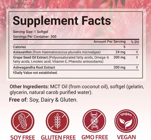 Vista 9 de Astaxantina 24 mg, suplementos antioxidantes de astaxantina premium con aceite MCT, Ashwagandha, apoya los ojos, la piel, inmune, circulación