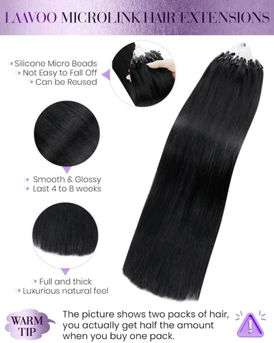 Vista 2 de LaaVoo Microlink - Extensiones de cabello humano, color negro azabache, 14 pulgadas, 1.76 oz