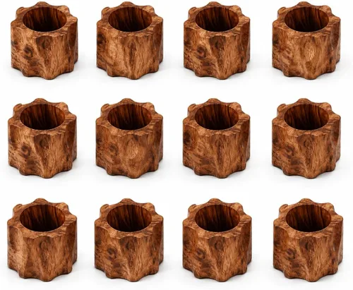 Vista 14 de Juego de 12 Servilleteros de Madera de Tres Anillos - Abrazaderas Portaservilletas para Decoración de Mesa de Comedor - Anillos Rústicos Modernos