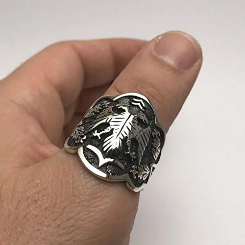 Vista 2 de argunjewellery Anillo de plata de ley 925K con dragón turco de doble cabeza (pulgar), Plata