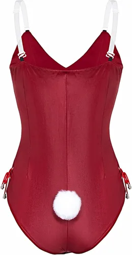 Vista 4 de Conjunto de traje de disfraz de conejito para mujer, una sola pieza, con accesorios, Rojo, 5XL