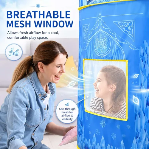 Vista 7 de Amplov Tienda de campaña desplegable de princesa, juguetes de Frozen para niñas, grande de 53" x 41" pulgadas, casa de juegos castillo de hielo