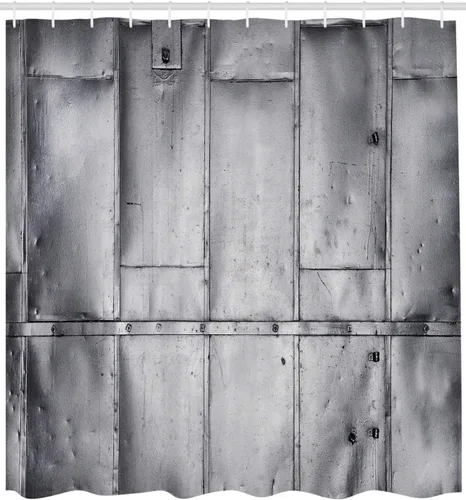 Vista 2 de Ambesonne Cortina de ducha industrial, diseño de pared con grietas, arreglo futurista desgastado, impresión monocromática, juego de decoración