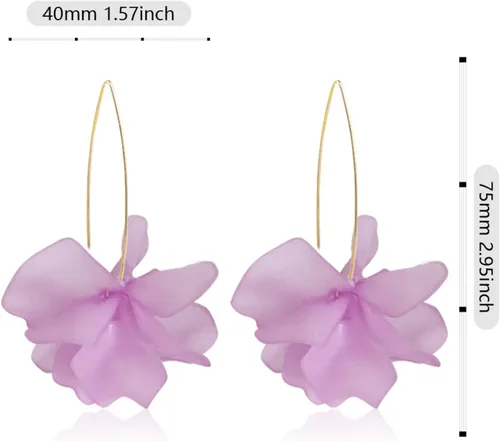 Vista 7 de Pendientes colgantes de pétalos de flores de resina bohemia, hechos a mano, grandes y largos, con forma de rosa, de acrílico, para fiesta de verano