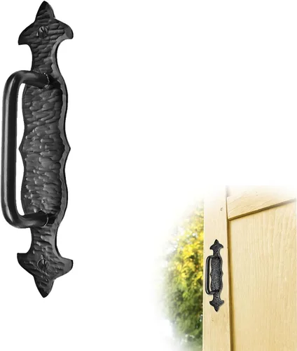 Vista 23 de Tirador o manija decorativa de hierro forjado a mano de 4.5 pulgadas Serie Farmhouse Acabado negro para cofres, armarios, baúles y puertas