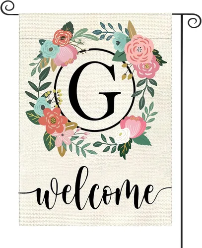 Vista 13 de Bandera de jardín con letra monograma, floral, 12 x 18 pulgadas, doble cara para exterior, pequeña de arpillera, familia, apellido, bandera inicial