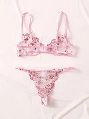 Vista 2 de GORGLITTER Conjunto de lencería de 2 piezas de brasier y tangas de malla transparente para mujer