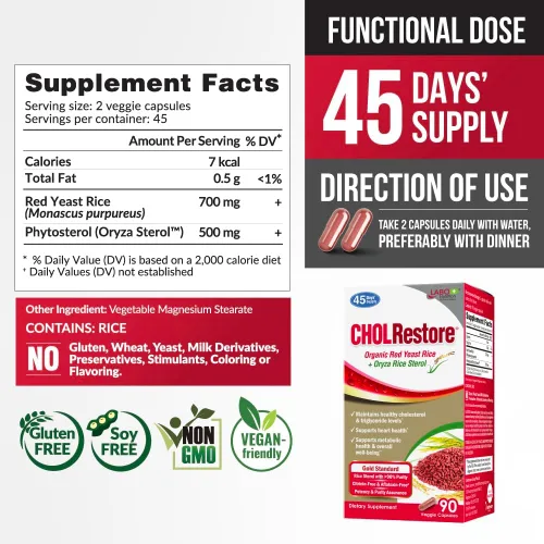 Vista 2 de LABO Nutrition CHOLRestore - Arroz de levadura roja con suplemento de salud de fitosterol, apoya niveles saludables de colesterol, libre