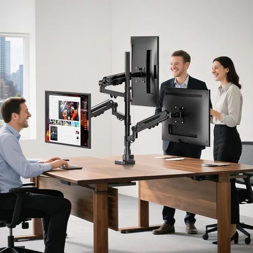 Vista 7 de Soporte para monitor triple para pantallas de hasta 35 pulgadas, soporte ultraancho de alta resistencia con brazo de resorte de gas de 26.5 lbs