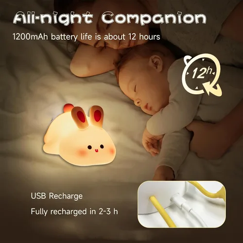 Vista 5 de Luz Nocturna de Conejo de Cara Grande, Adorable Lámpara Nocturna LED de Conejito, Luz Nocturna de Guardería de Silicona Regulable para Niñas, Luces