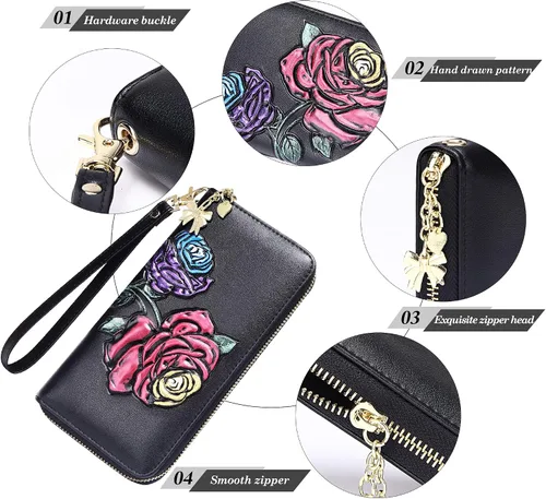 Vista 5 de FEITH & FELLY - Cartera con bloqueo RFID para mujer, de cuero grabado en relieve, talla única