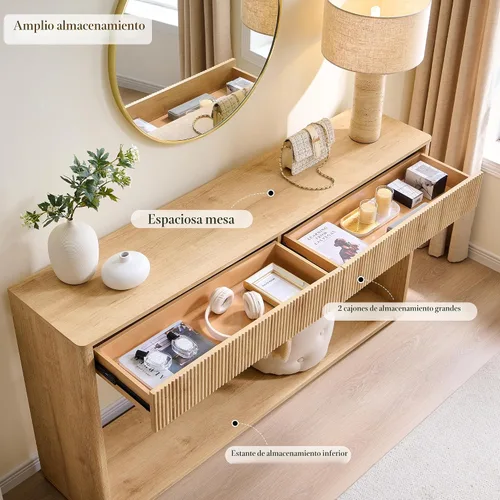 Vista 5 de OKD Mesa consola acanalada de 63" para entrada, mesa de entrada moderna con 2 cajones grandes, mesa de sofá larga detrás del sofá para sala de Roble