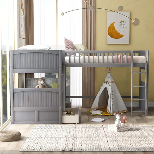 Vista 3 de Harper & Bright Designs Literas triples en forma de L, cama de tamaño individual con una cama alta adjunta, litera de madera con dos cajones de Gris