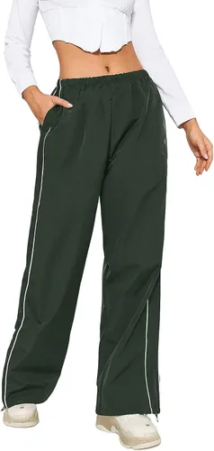 Vista 2 de KMBANGI Pantalones de paracaídas para mujer, holgados Y2k, pantalones deportivos con cintura elástica, rayas laterales, pantalones deportivos