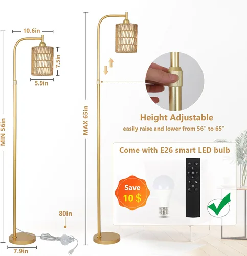 Vista 4 de LAMSU Modernas lámparas de pie doradas para sala de estar, lámpara de pie de ratán bohemio con bombilla LED regulable y control remoto, lámpara