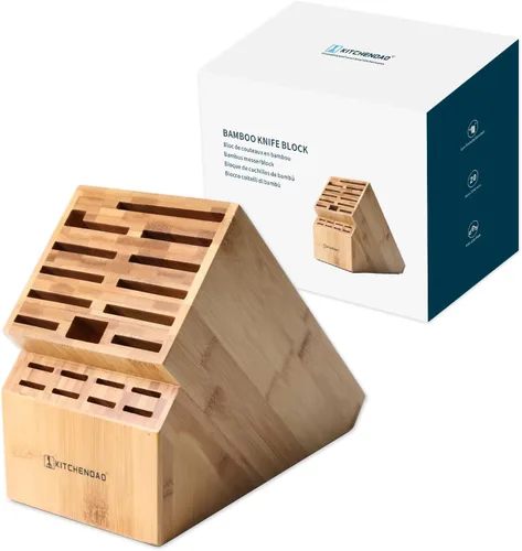 Vista 9 de KITCHENDAO Bloque de cuchillos de madera de acacia de 20 ranuras sin cuchillos, soporte universal para cuchillos de cocina, sostiene múltiples tipos