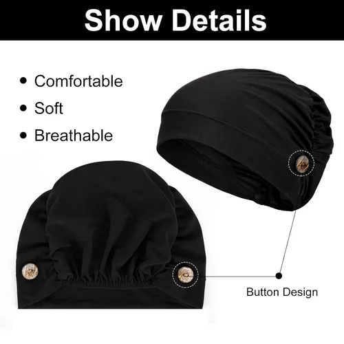 Vista 4 de Geyoga Gorras Bouffant con botones, unisex, elástica, turbante con botones para mujer, 3 piezas, Negro, Talla única