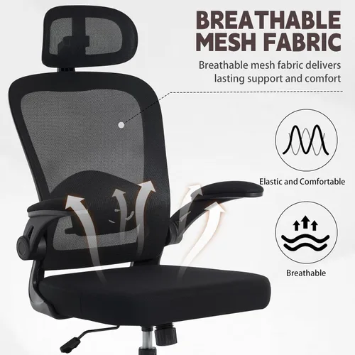 Vista 3 de Silla de oficina ergonómica con soporte lumbar ajustable 3D, respaldo alto de malla, reposacabezas giratorio de 75°, función mecedora, capacidad