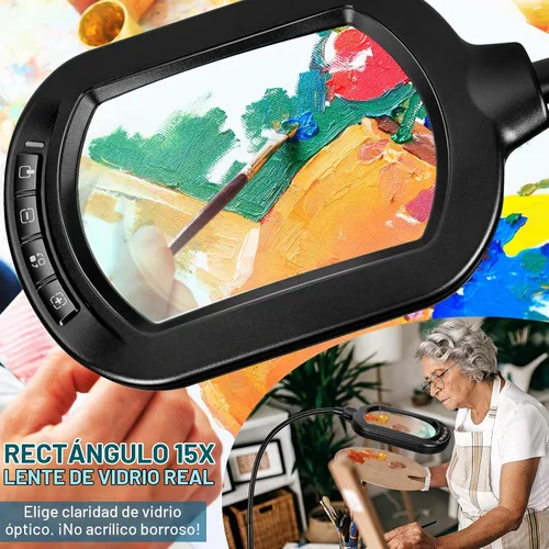 Vista 2 de Lupa grande con luz y soporte, lente de vidrio real óptico rectangular de 10X, lámpara de pie de lupa de cuello de cisne ajustable en altura, 5 Negro