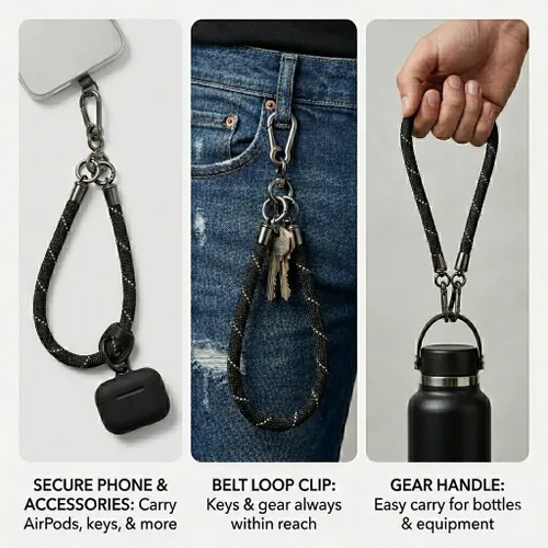 Vista 5 de Correa de muñeca para teléfono celular, correa de muñeca para teléfono celular alrededor de la mano con parche de cordón (negro reflectante)