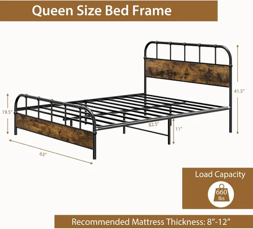 Vista 2 de Giantex Base de cama de metal tamaño Queen con cabecera de madera, base de cama de plataforma industrial con listones de metal resistente, base