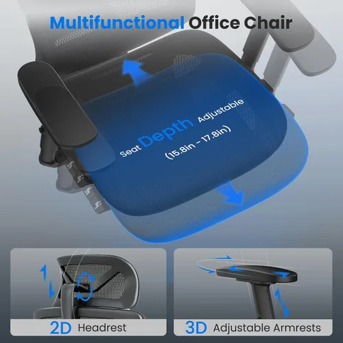 Vista 8 de OdinLake L1 Ergo Upgrade 518 - Silla de oficina ergonómica de malla negra, grande y alta, 350 libras, soporte lumbar dinámico, altura ajustable