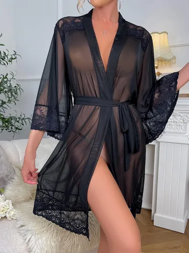 Vista 3 de WDIRARA Bata tipo kimono con cinturón y manga 34 con encaje floral para mujer