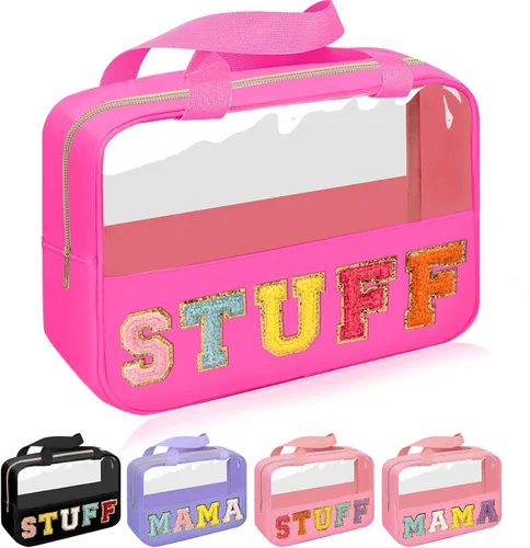 Vista 8 de Iqimott Bolsa de bebé con parche de letras de chenilla, bolsa de cosméticos transparente para maquillaje, bolsa grande de almacenamiento