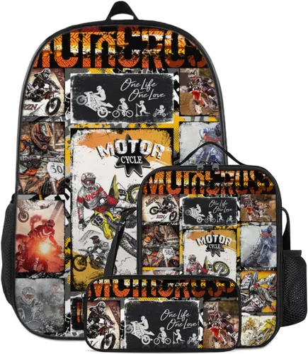 Vista 2 de Mochilas de motocicleta Paquete de 3 piezas para adolescentes, niños y niñas, motocross para niños, incluye bolsas aisladas para almuerzo y estuche