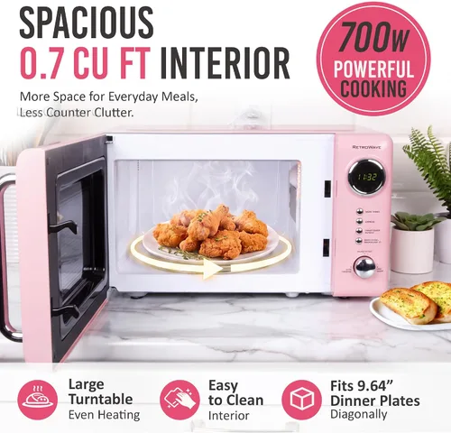 Vista 5 de Nostalgia Horno microondas para encimera con interior fácil de limpiar, microondas retro con pantalla LED y bloqueo para niños, horno compacto