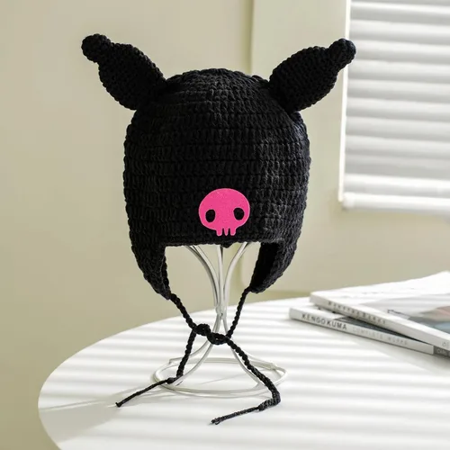 Vista 2 de Crochet Kurom Beanie Knit Bunny Hat con orejas Y2k Skull Caps para disfraz de Halloween Cosplay