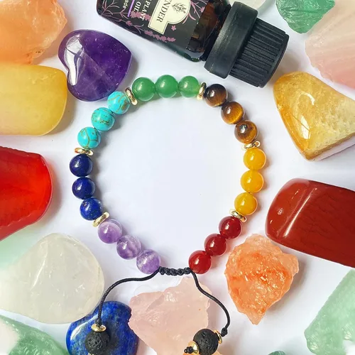 Vista 7 de 7 Chakra Bracelet Real Crystal Stone Beads Essential Oil Set Yoga Meditation Protection Lava Rock Jewelry Gifts for Women Men