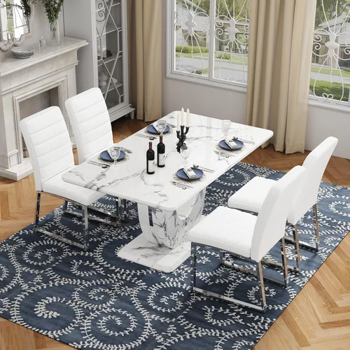 Vista 36 de Moderno juego de mesa de comedor de mármol sintético para 4, mesa de cocina rectangular blanca de 63 pulgadas con elegante base de pedestal