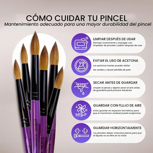 Vista 7 de PANA Pure Kolinsky Cepillo de uñas acrílico con mango de madera - forma redonda Púrpura