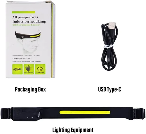 Vista 8 de Linterna frontal LED recargable, 230 luces anchas, 5 modos de luz dinámica, sensor de movimiento, impermeable, diadema ajustable, 1200 lúmenes