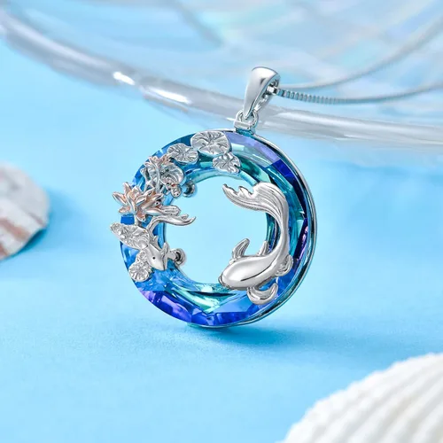 Vista 3 de YOSOPRETTY Lotus Necklace 925 Sterling Silver Lotus FlowerLotus Fish Crystal Pendant Necklace Moonstone Jewelry Gifts for Women Girls