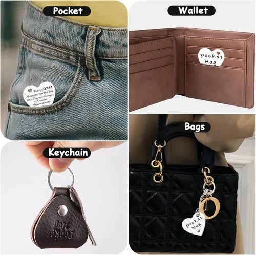 Vista 4 de Ficha de abrazo de bolsillo, regalos de larga distancia, regalo inspirador de doble cara con llavero de cuero